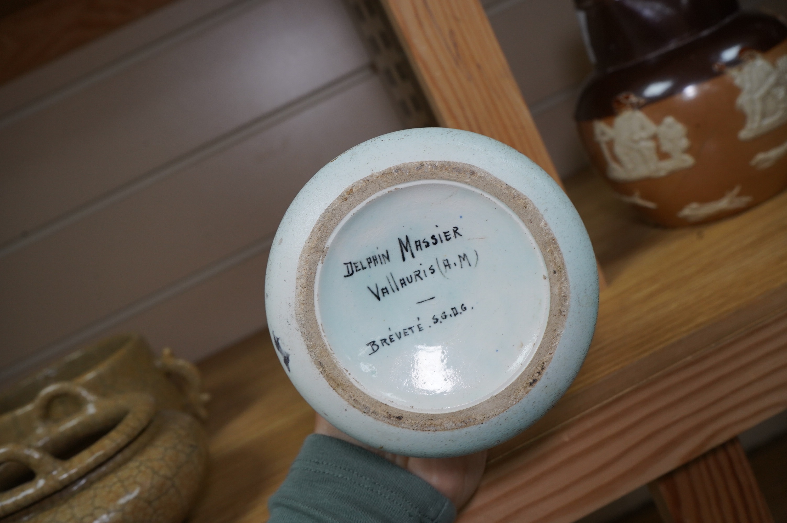 A Delphin Massier Vallauris vase, 28.5cm. Condition - repaired rim chip